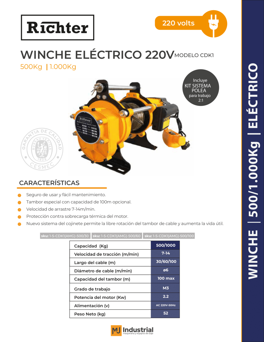 WINCHE CDK1 220V Aluminio 500/1000Kg 100m2