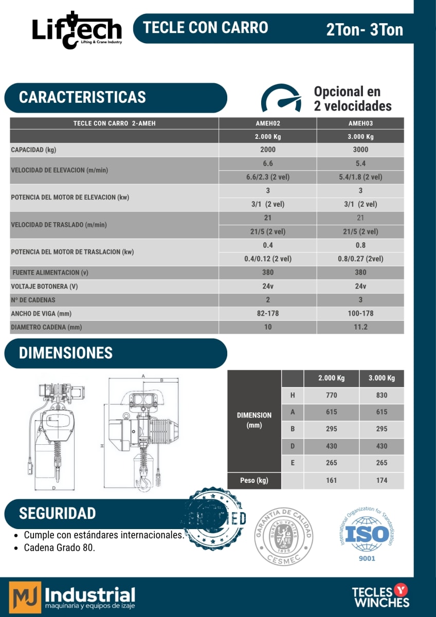 TECLE ELECTRICO CON CARRO AMEH 380V 2000Kg,2 Ramal 2 Vel3