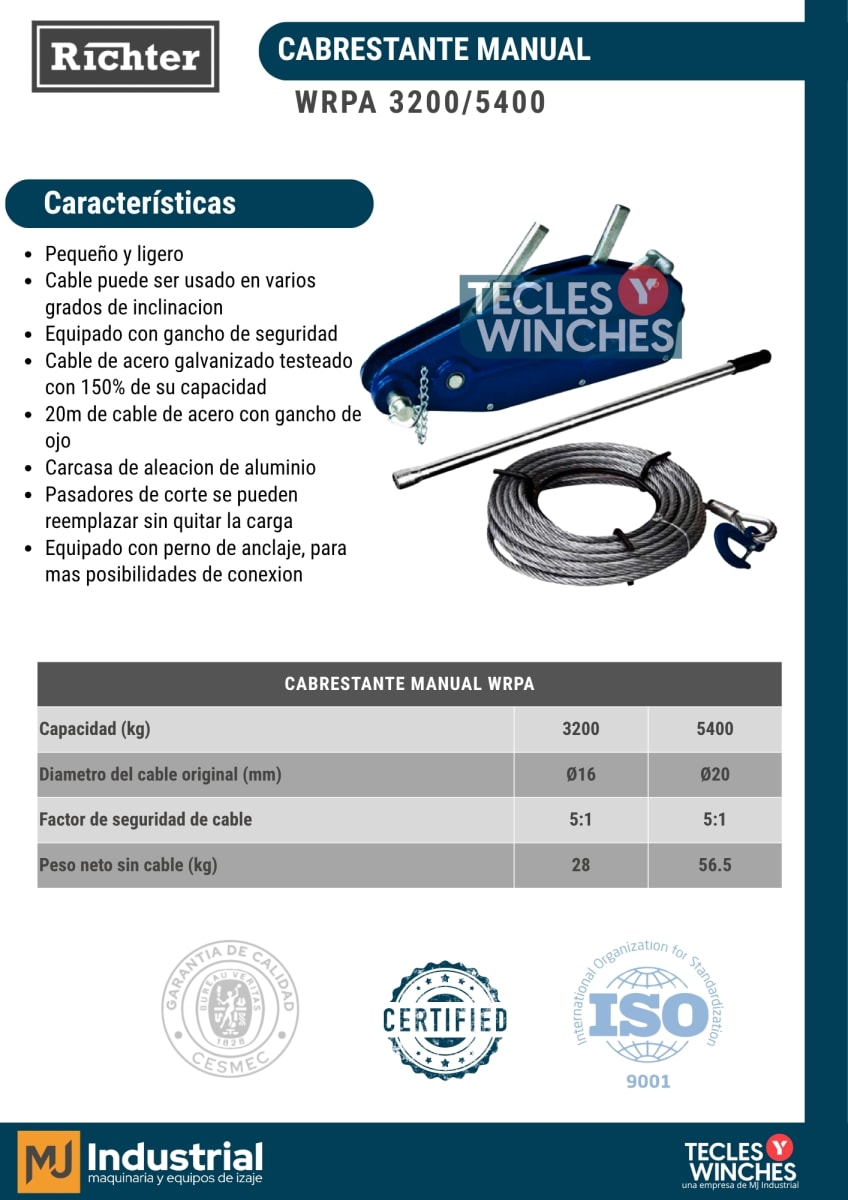 CABRESTANTE MANUAL TIPO TIRFOR  3.2Ton x 20mt2
