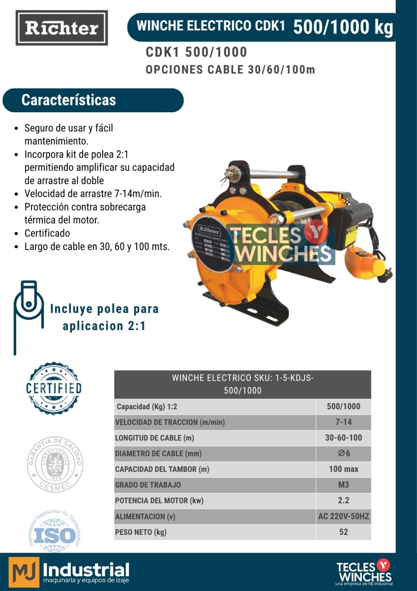 WINCHE CDK1 220V Aluminio 500/1000Kg 60m2