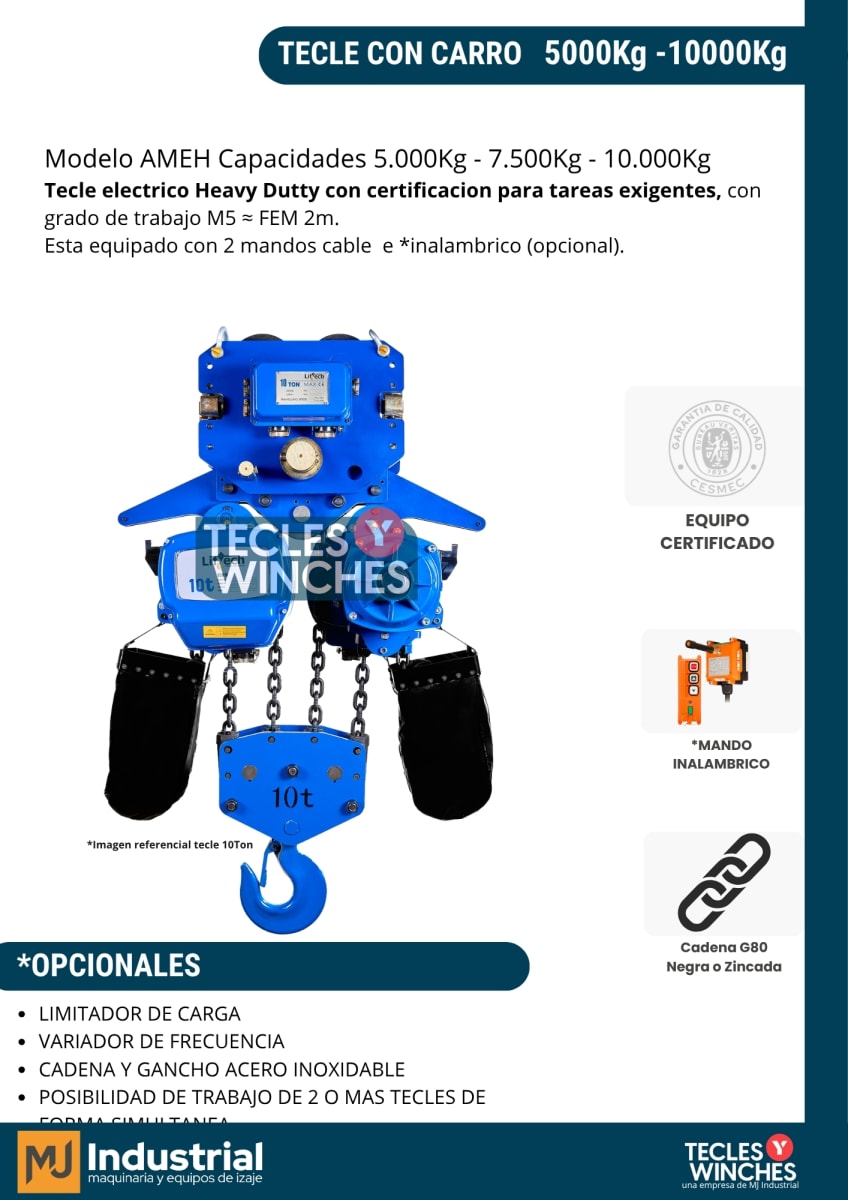 TECLE ELECTRICO CON CARRO AMEH 380V 7.500Kg,3 Ramal 1 Vel2