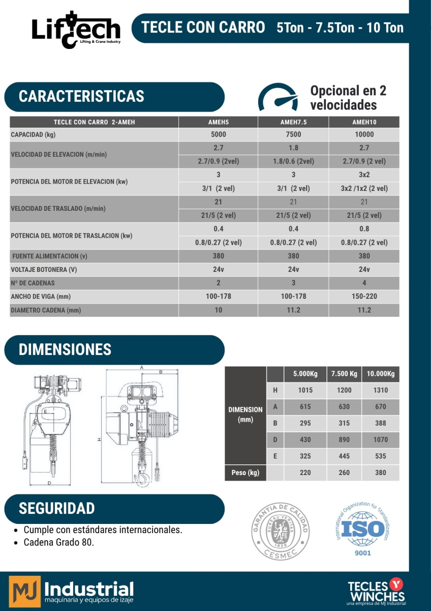 TECLE ELECTRICO CON CARRO AMEH 380V 7.500Kg,3 Ramal 1 Vel3