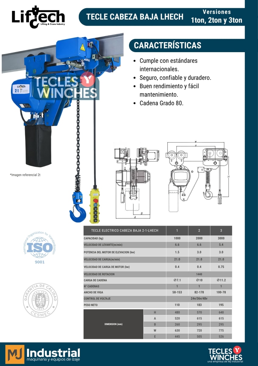 Tecle Electrico cabeza baja 380V, 2000Kg, 1V2