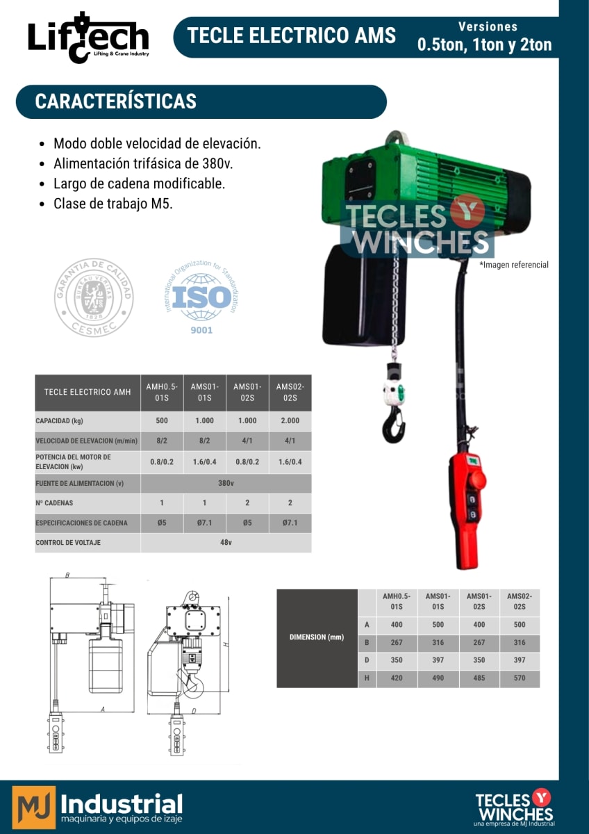 TECLE ELECTRICO AMS 380V 500Kg,1 Ramal 2 Vel 2