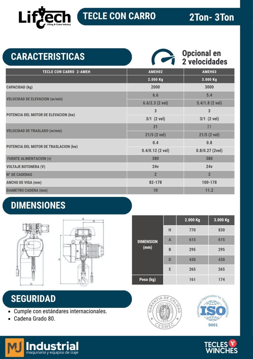 TECLE ELECTRICO CON CARRO AMEH 380V 3000Kg,1 Ramal 1 Vel2