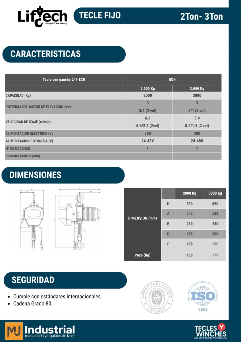 TECLE ELECTRICO ECH 220V 2000Kg, 1 Ramal 1 Vel2