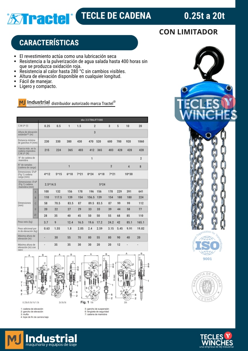 TECLE MANUAL DE CADENA TRALIFT SIN LIMITADOR  500Kg2