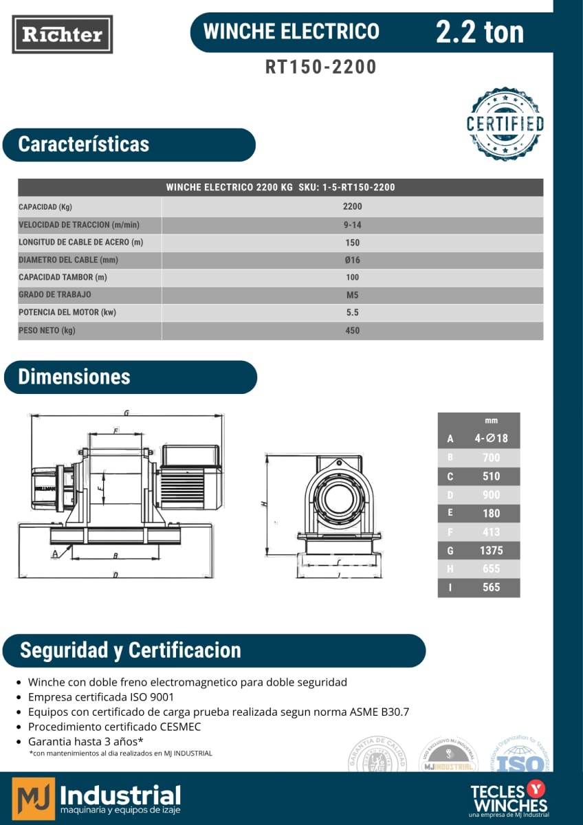 WINCHE ELECTRICO RT 380V 2200Kg 150m3