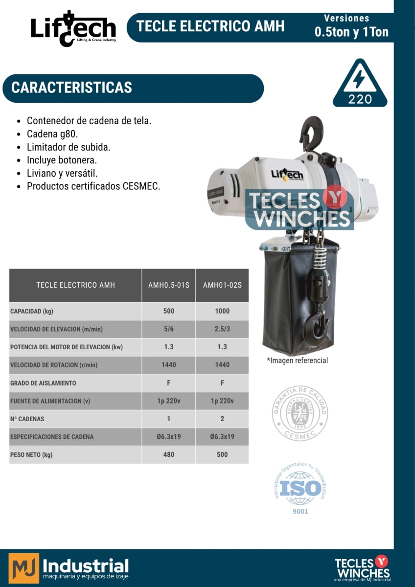 TECLE ELECTRICO AMH 220V 1000Kg,2 Ramal 1 Vel Color blanco2