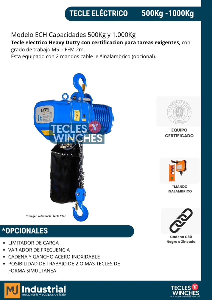 TECLE ELECTRICO ECH 220V 500Kg, 1 Ramal 1 Vel2