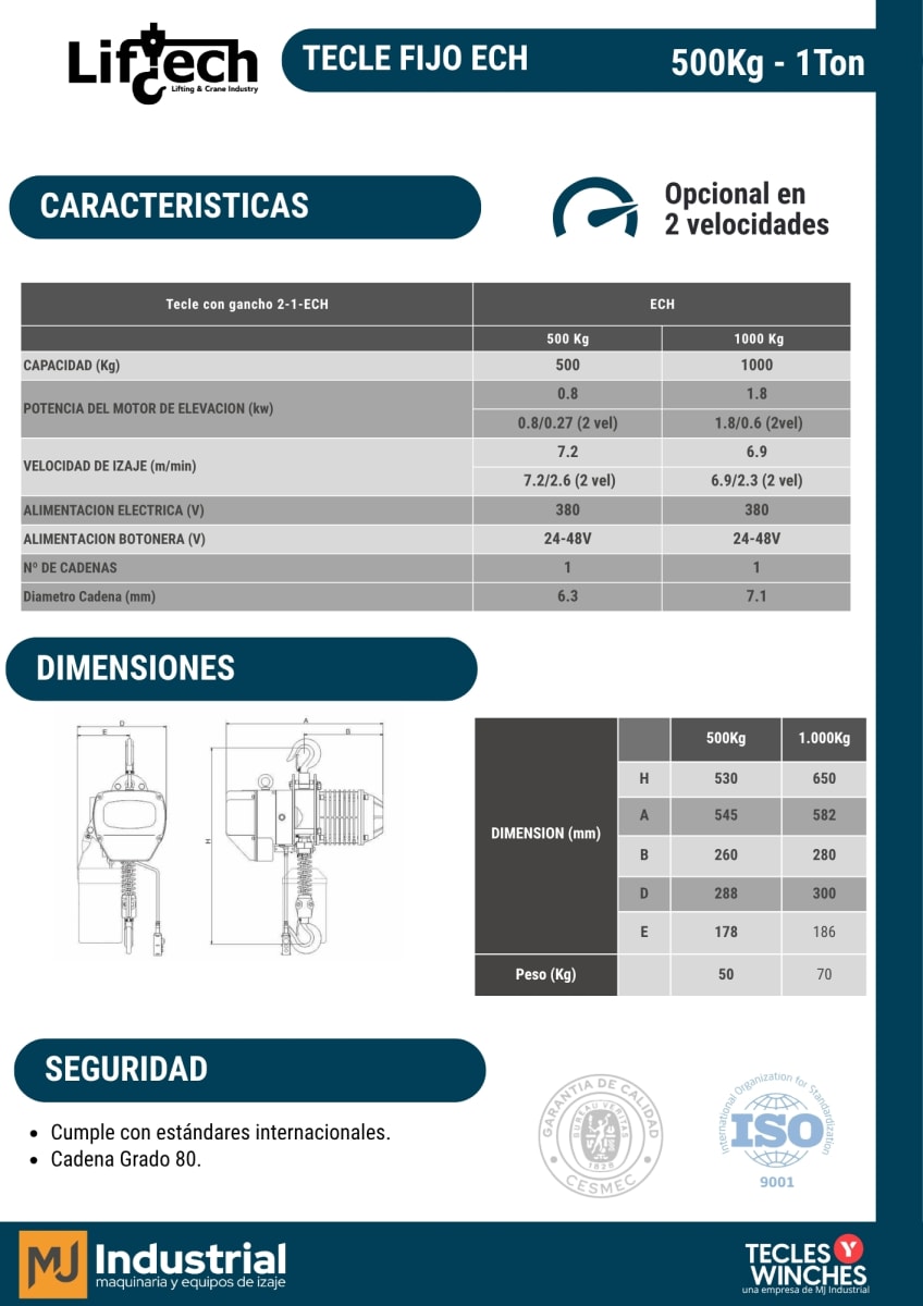 TECLE ELECTRICO ECH 220V 500Kg, 1 Ramal 1 Vel3