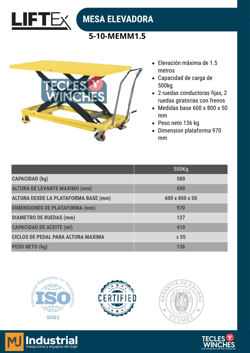 MESA ELEVADORA MOVIL MANUAL 500 KG. A 1.5M - LF MANUAL 500 KG. A 1.5M2