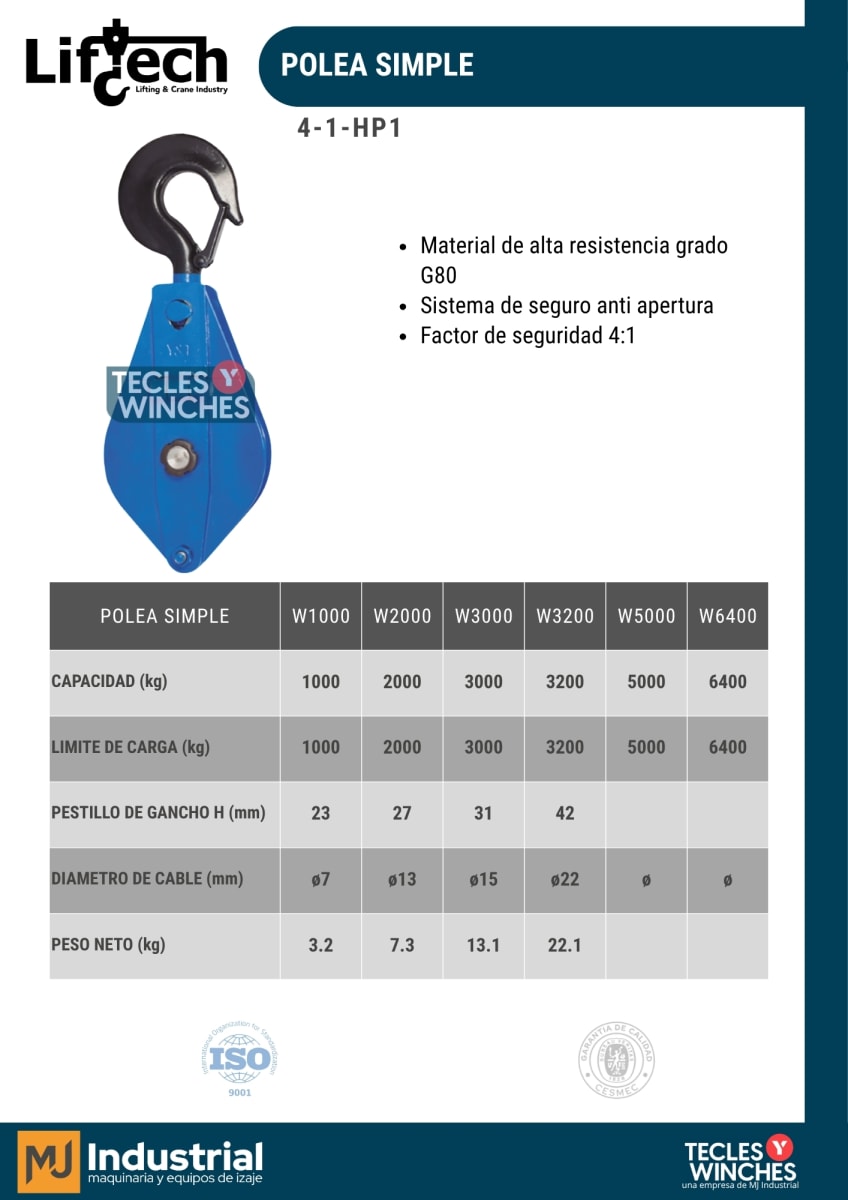PASTECA/POLEA SIMPLE CON GANCHO HP1W  (1 rueda) 1000Kg 2