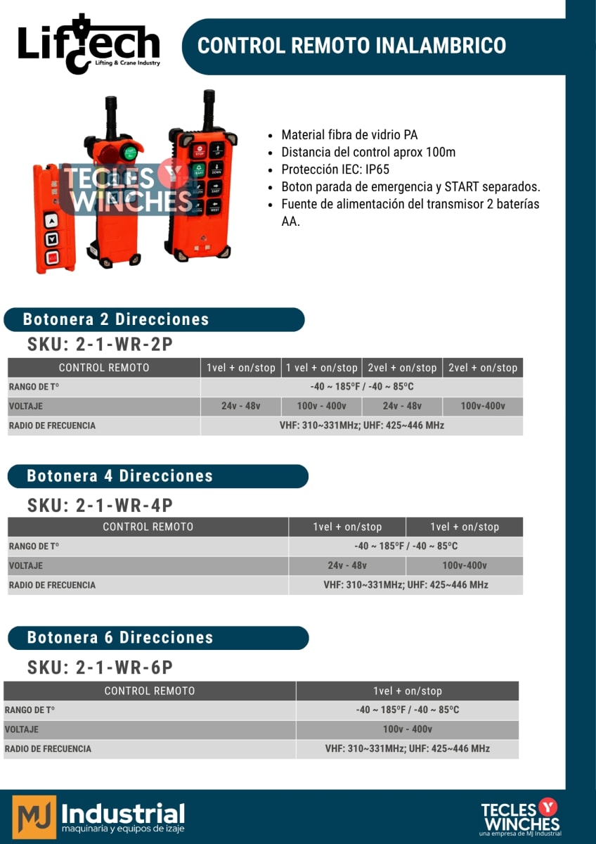 CONTROL REMOTO INALAMBRICO PARA TECLES Y PUENTES GRUAS 6P-1vel + on/stop2