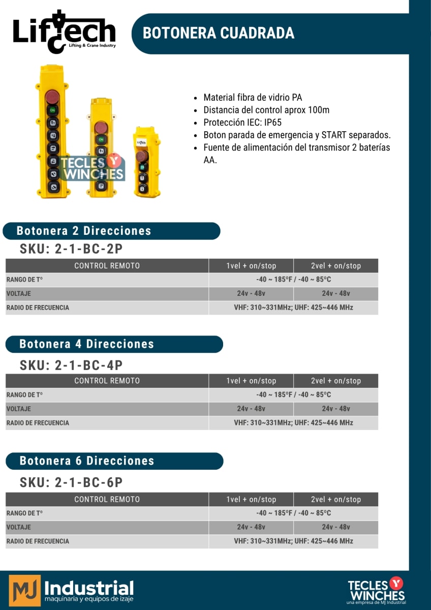 BOTONERA CUADRARA PARA TECLES ELECTRICOS 4P-2vel + on/stop 2