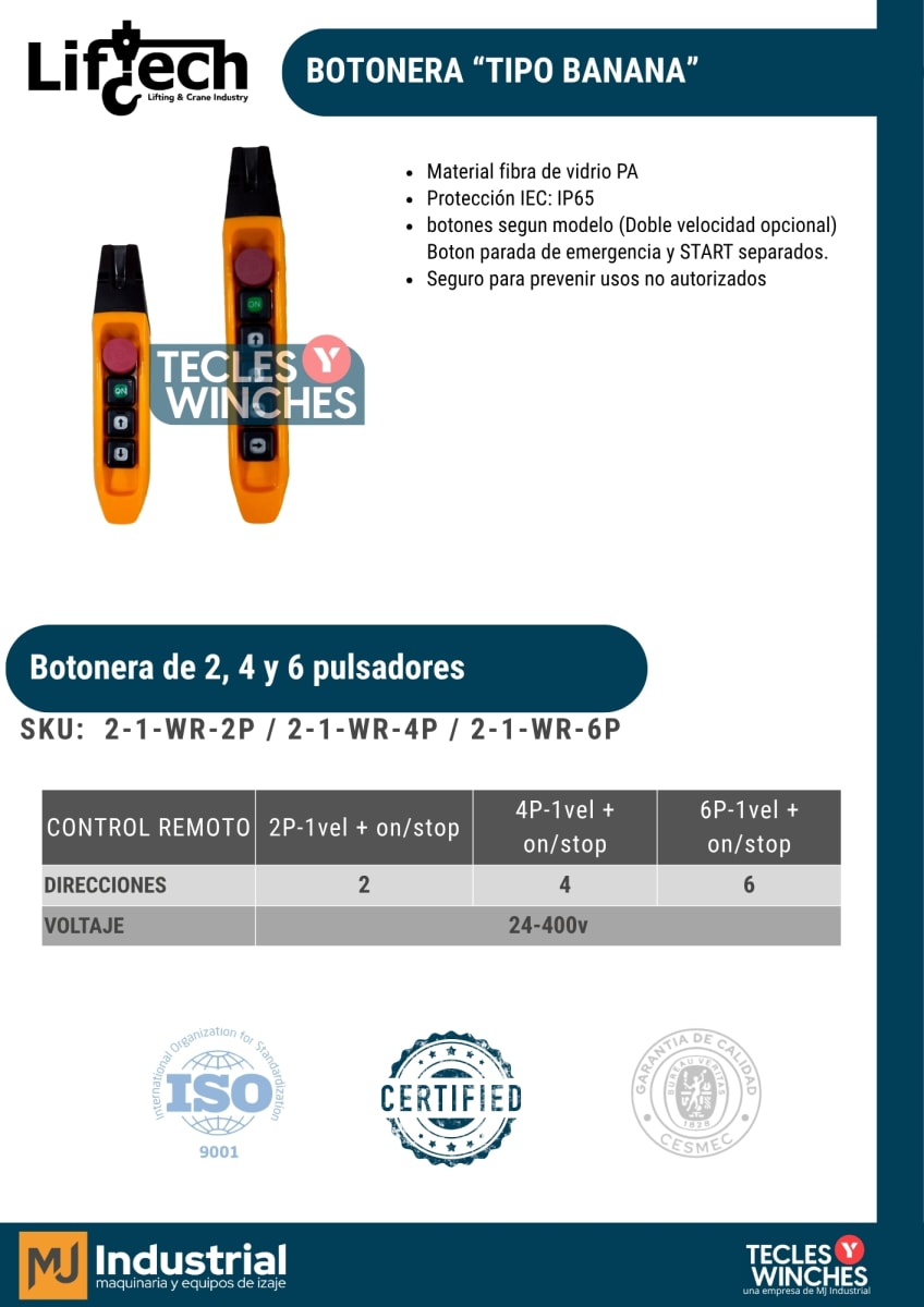 BOTONERA PARA TECLES ELECTRICOS TIPO BANANA 4P-1vel + up/stop 2