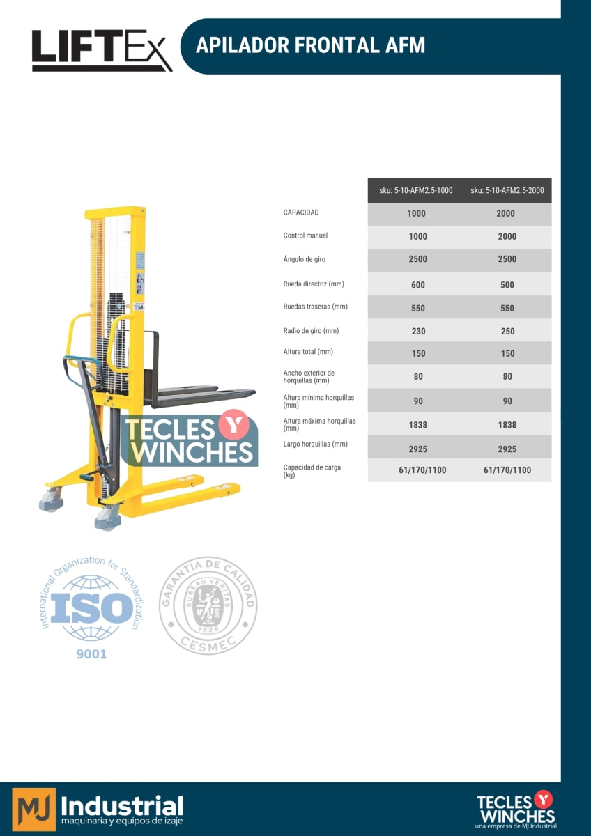 CARGADOR O APILADOR FRONTAL Marca LIFTEXMANUAL 1000KG-2.5M2
