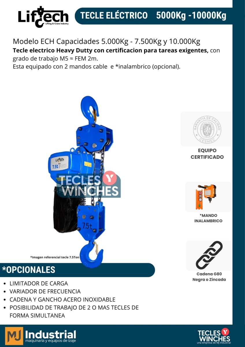 TECLE ELECTRICO ECH 380V 7.500Kg,3 Ramal 1 Vel2