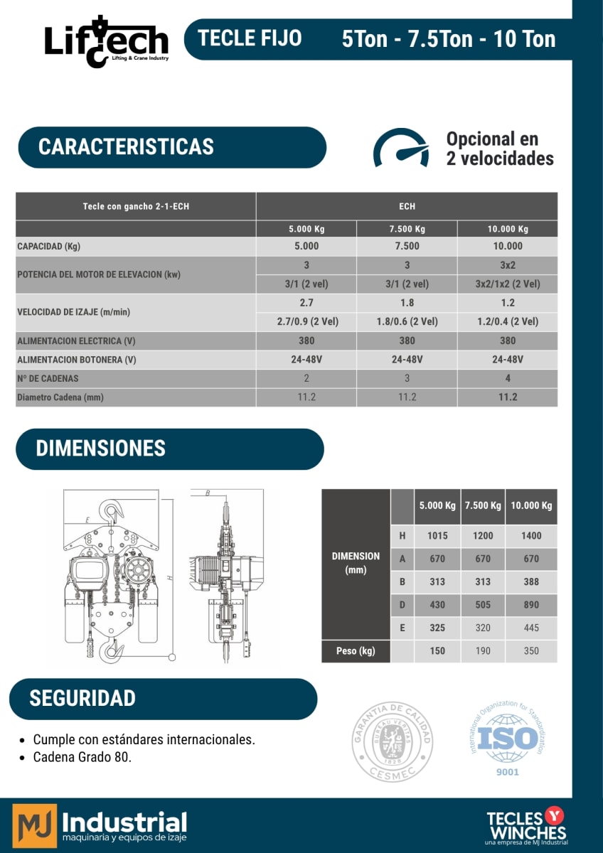 TECLE ELECTRICO ECH 380V 7.500Kg,3 Ramal 1 Vel3
