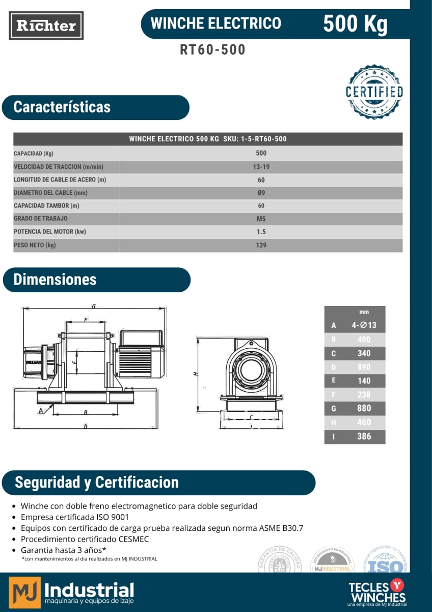 WINCHE ELECTRICO RT 380V  500Kg x 60m3