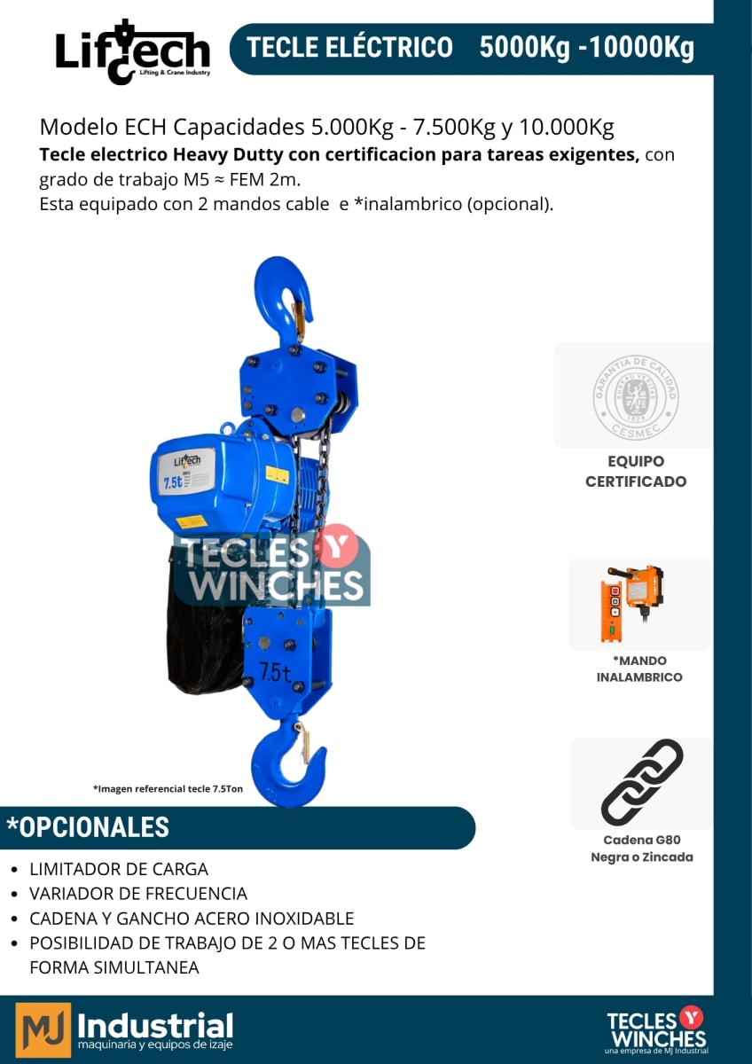 TECLE ELECTRICO ECH 380V 5000Kg,2 Ramal 1 Vel1