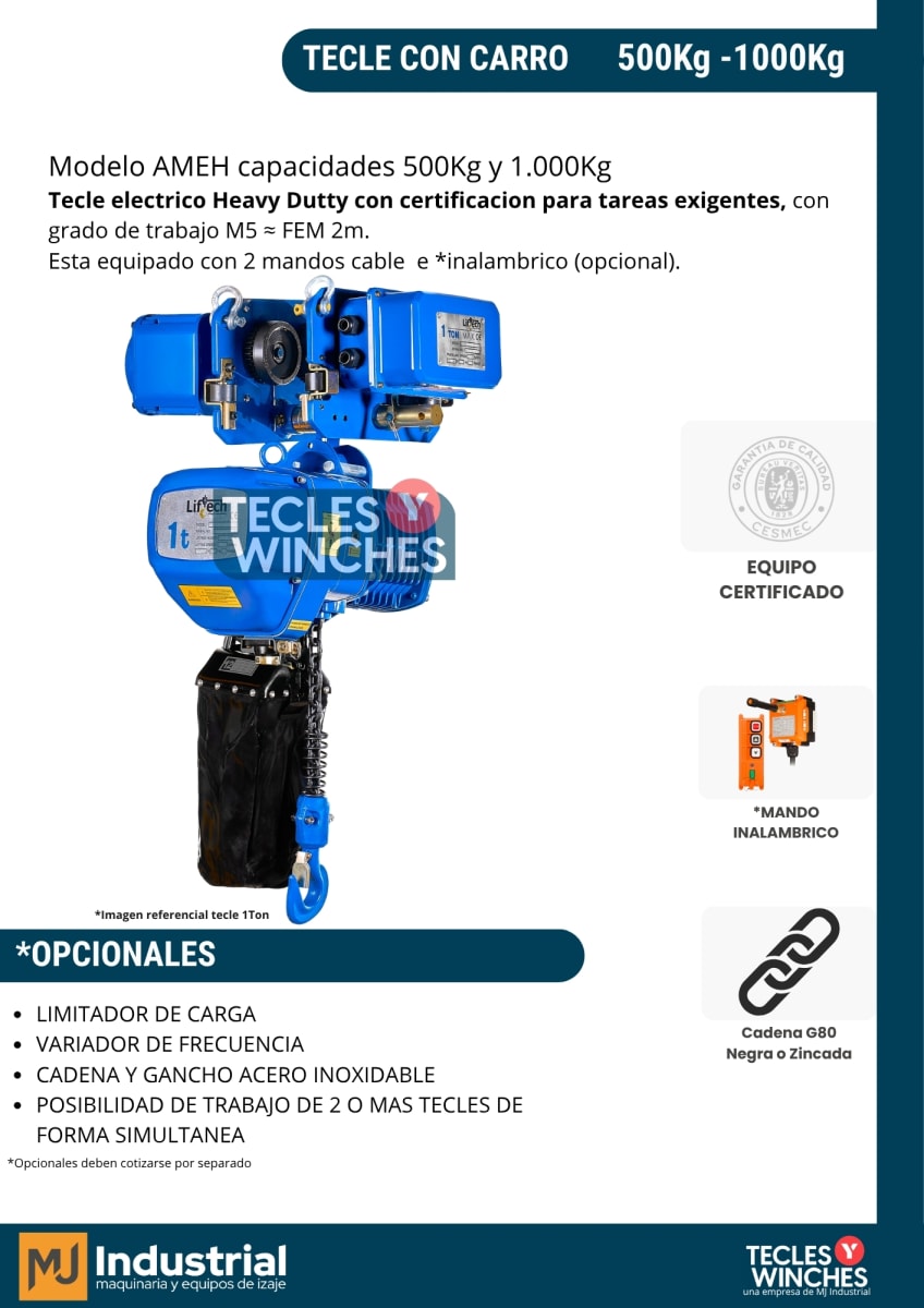 TECLE ELECTRICO CON CARRO AMEH 380V 500Kg,1 Ramal 1 Vel2
