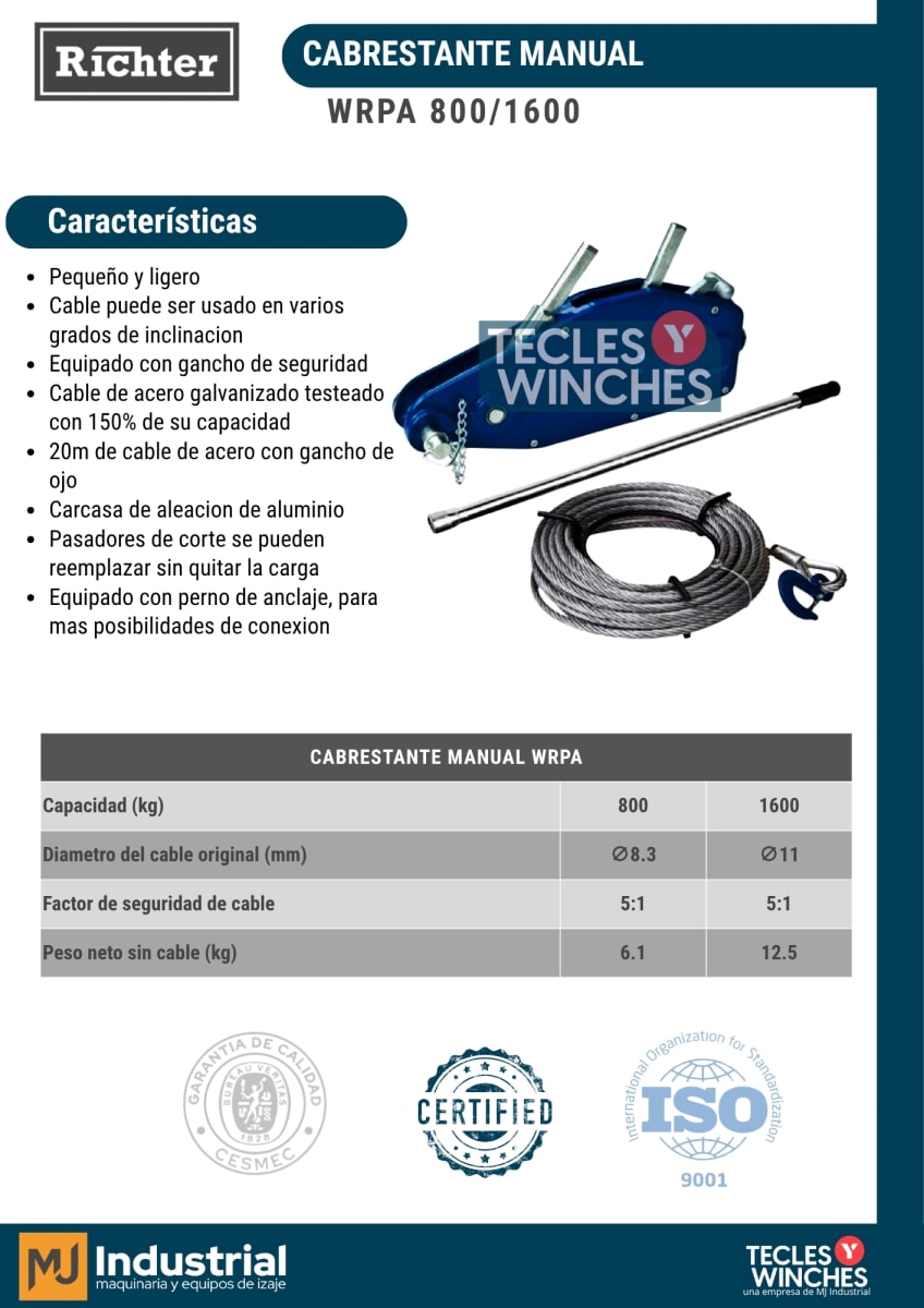 CABRESTANTE MANUAL TIPO TIRFOR  0.8Ton x 20mt2