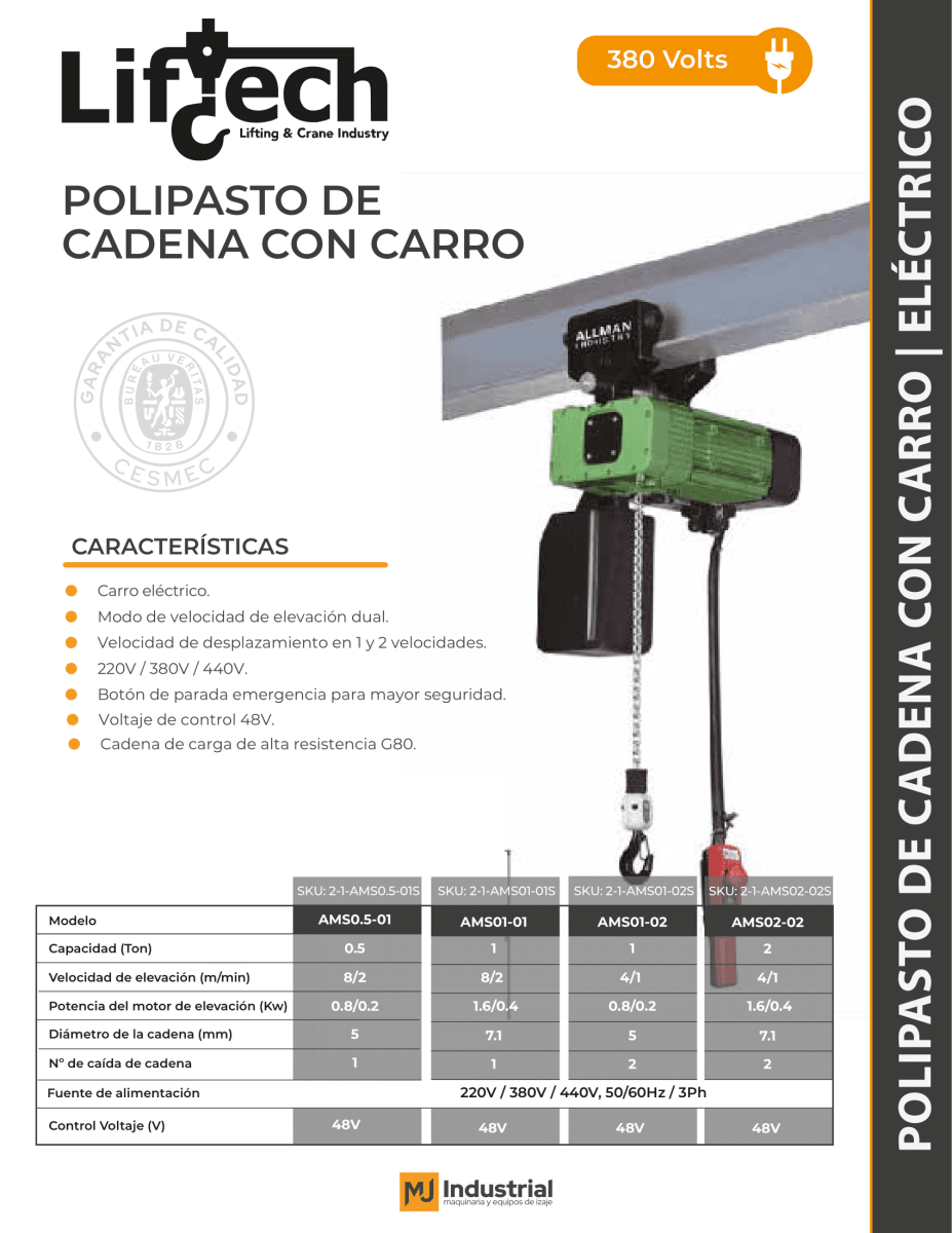 TECLE ELECTRICO CON CARRO AMS 380V1000Kg,1 Ramal 2 Vel2