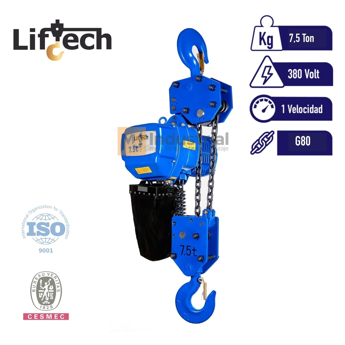 TECLE ELECTRICO ECH 380V 7.500Kg,3 Ramal 1 Vel 0