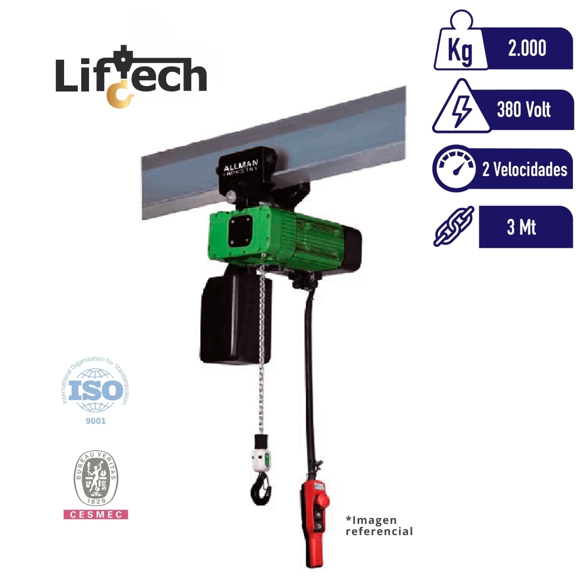 TECLE ELECTRICO CON CARRO AMS 380V2000Kg,2 Ramal 2 Vel 1