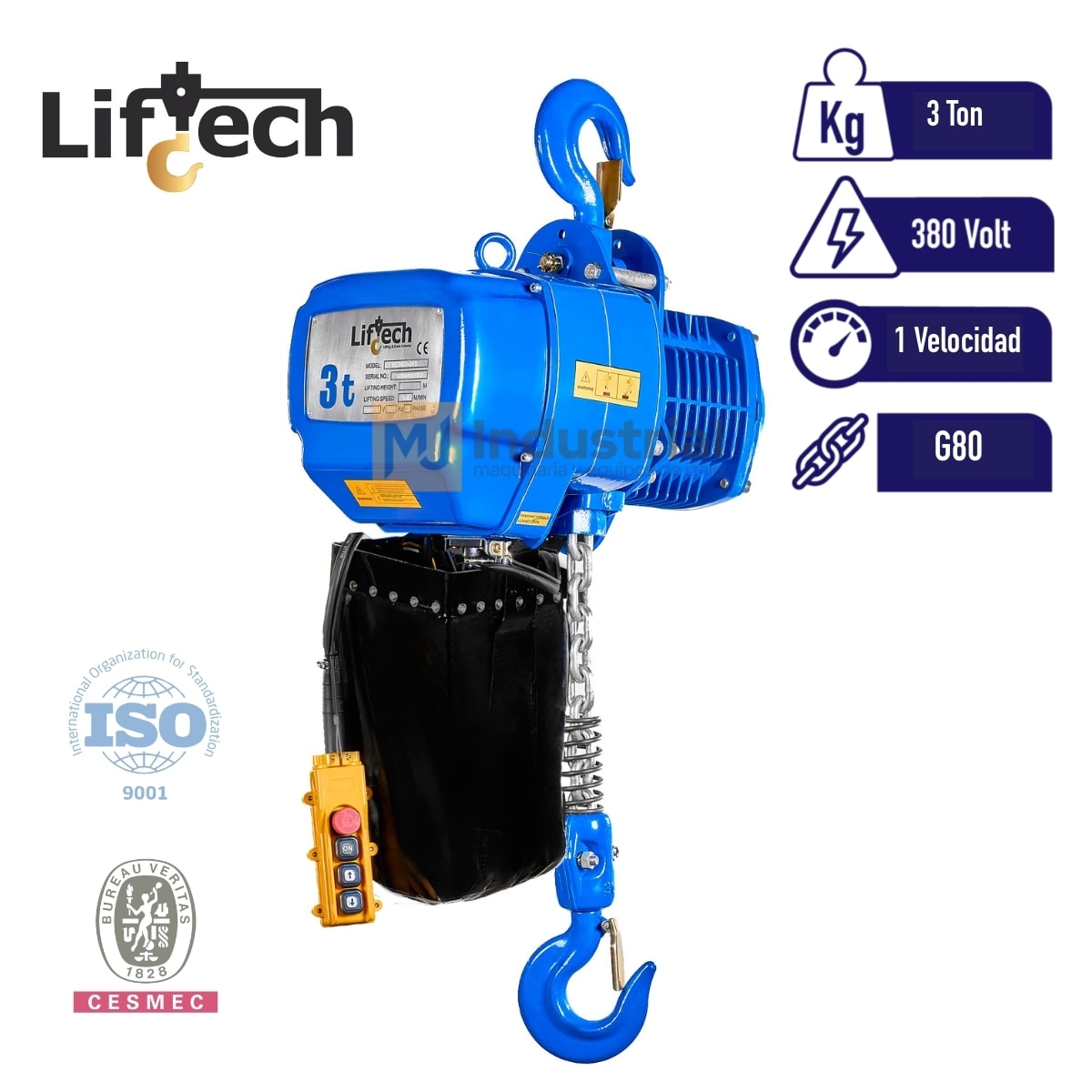 TECLE ELECTRICO ECH 380V 3000Kg,1 Ramal 1 Vel 0