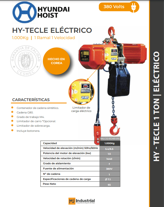 Tecle electrico 380V, 1000Kg,1 Ramal 1 Vel HYUNDAI1