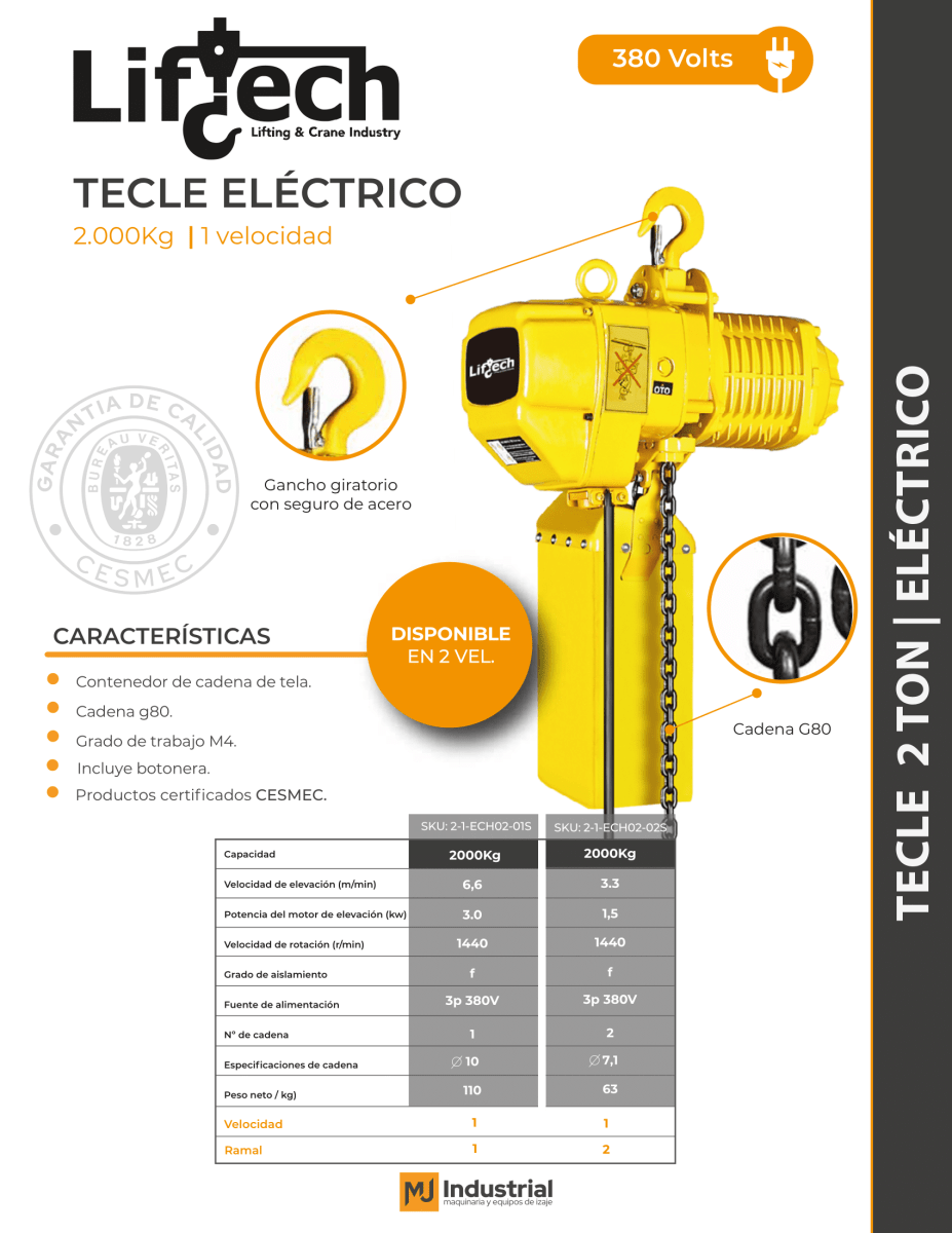 TECLE ELECTRICO ECH 220V 2000Kg, 2 Ramal 1 Vel2