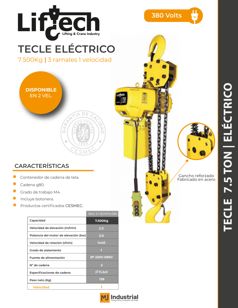 TECLE ELECTRICO ECH 380V 7.500Kg,3 Ramal 1 Vel2