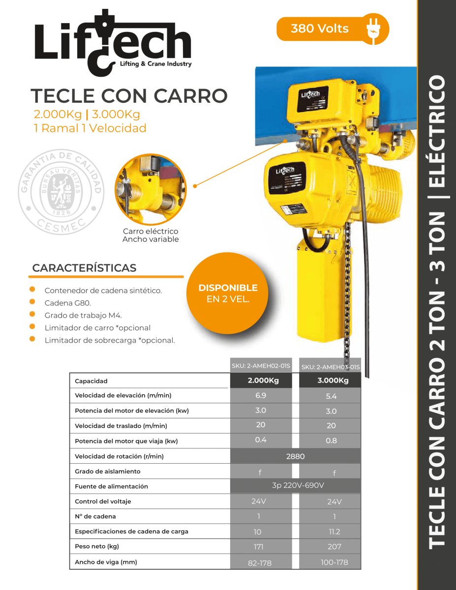 TECLE ELECTRICO CON CARRO AMEH 380V 2000Kg,2 Ramal 2 Vel2