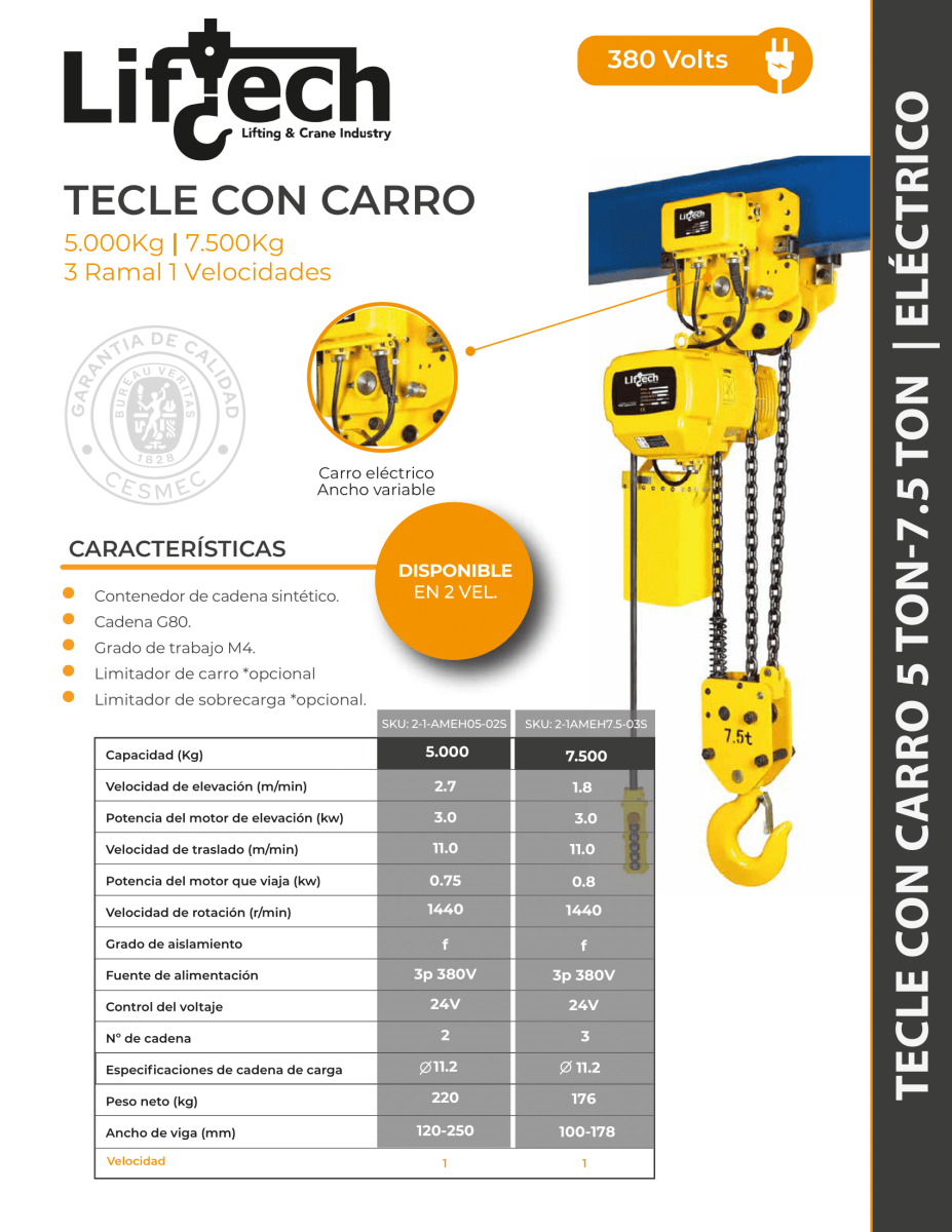 TECLE ELECTRICO CON CARRO AMEH 380V 5000Kg,2 Ramal 1 Vel2