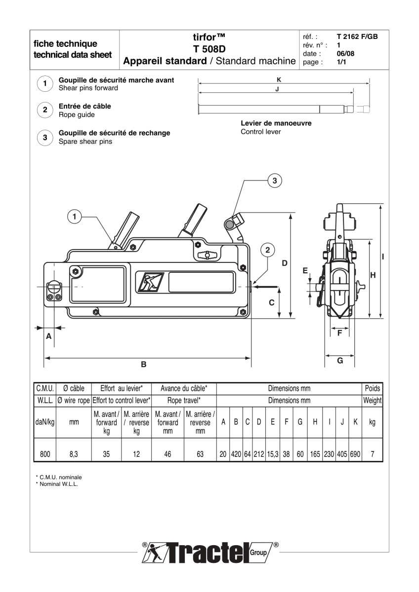 CABRESTANTE MANUAL TIRFOR c/20m TRACTEL 800Kg2