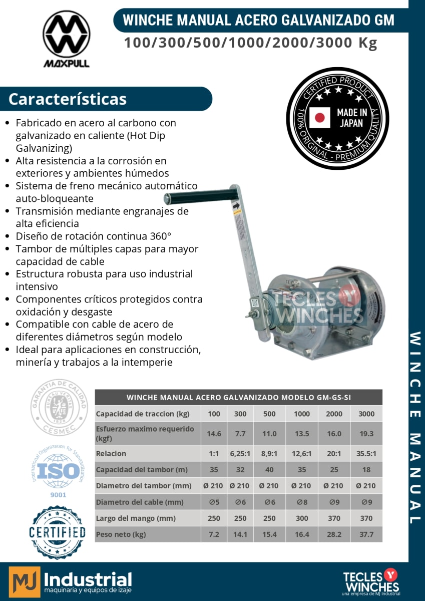 WINCHE MANUAL ACERO GALVANIZADO GM 100KG2