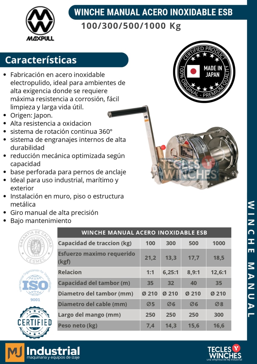 WINCHE MANUAL ACERO INOXIDABLE ESB 100 KG2