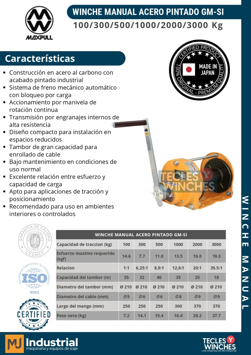WINCHE MANUAL ACERO PINTADO/CABLE GM-SI 3000KG2