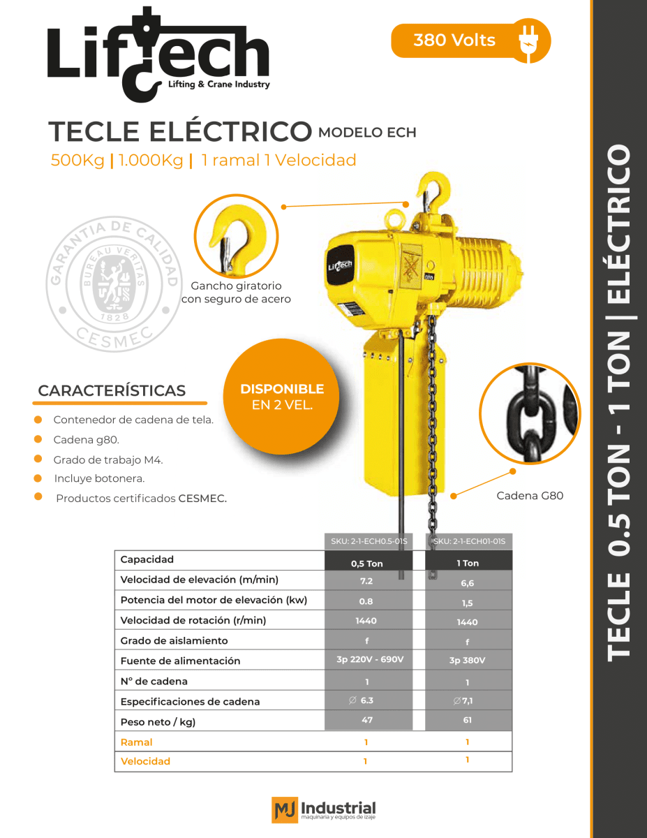 Tecle electrico 380V, 1000Kg,1 Ramal 1 Vel2