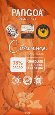 CHOCOLATE C/CURCUMA y MUÑA, 38% CACAO orgánico - PANGOA - x 50 g.