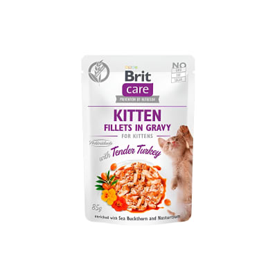 SACHET BRIT CARE CAT KITTEN FILLETS IN GRAVY WITH TENDER TURKEY 85GR
