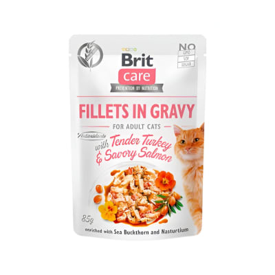 SACHET BRIT CARE CAT FILLETS IN GRAVY WITH TENDER TURKEY Y SAVORY SALMON 85GR1