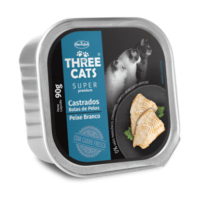 PATE THREE CAT SUPER PREMIUM CASTRADO BOLAS DE PELO POLLO 90GR1