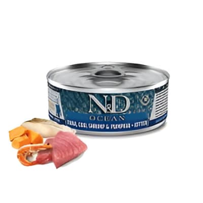 LATA N&D CAT OCEAN ATUN BACALAO CALABAZA CAMARON KITTEN 80GR1