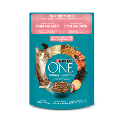 SACHET PURINA ONE GATOS SUPERFOODS ADULTOS Y ESTERILIZADOS SALMON 85 GR