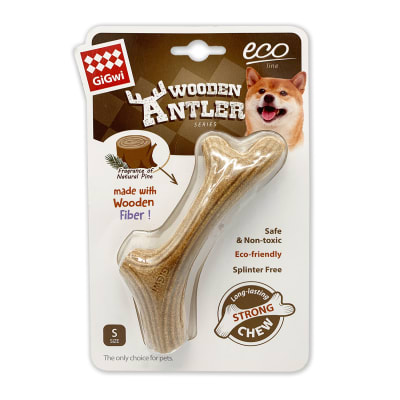 GIGWI DOG CHEW WOODEN ANTLER WITH NATURAL WOOD