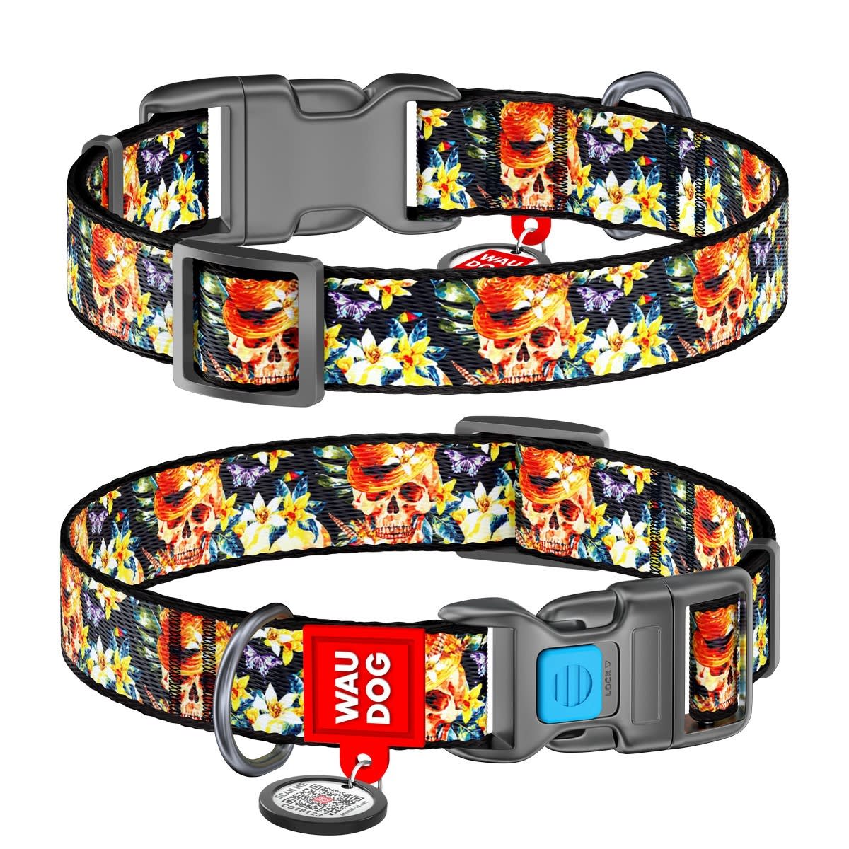 WAUDOG COLLAR GLAMOROUS SKULLS - HEBILLA FASTEX - PLACA QR1