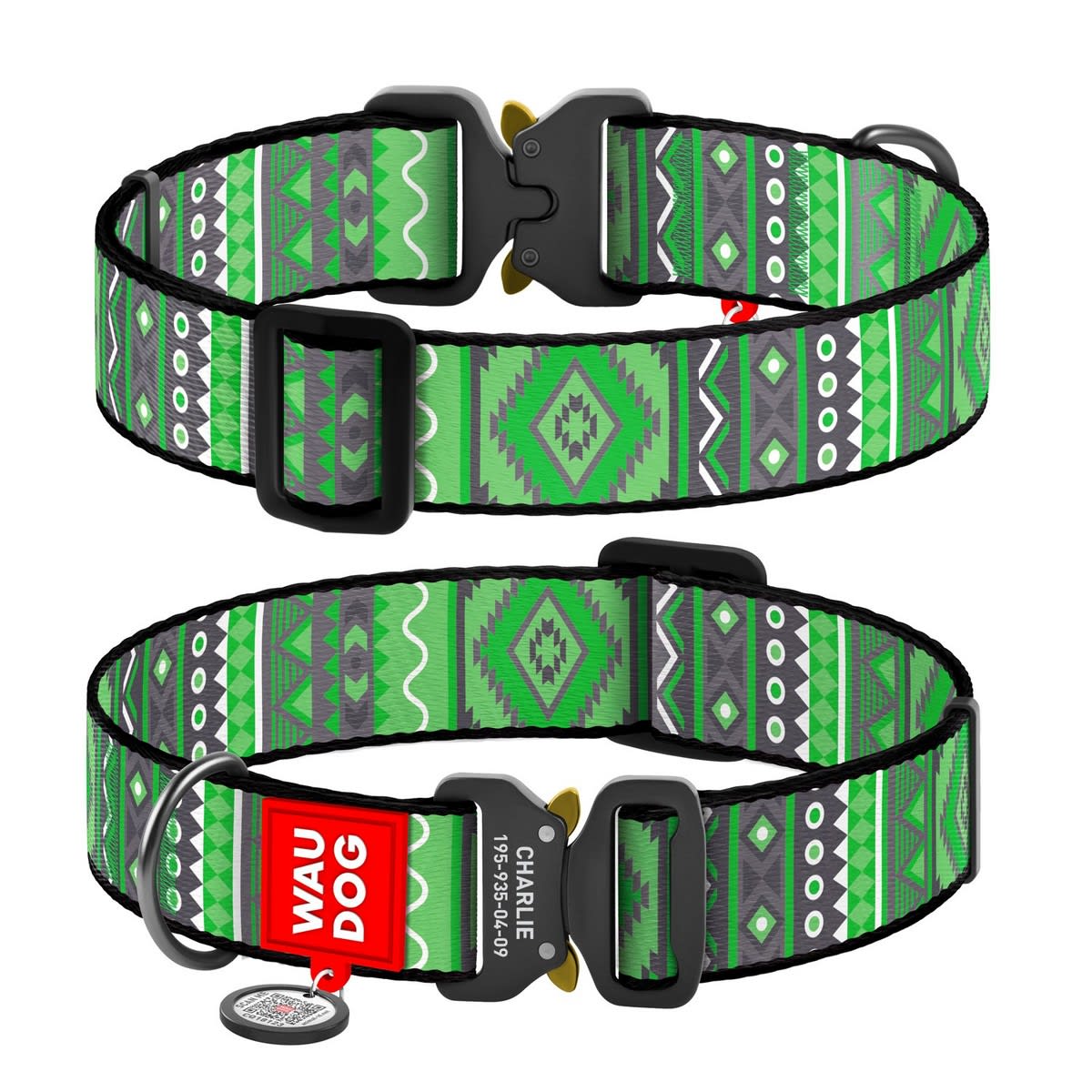 WAUDOG COLLAR ETHNO GREEN - HEBILLA FASTEX METAL - PLACA QR1
